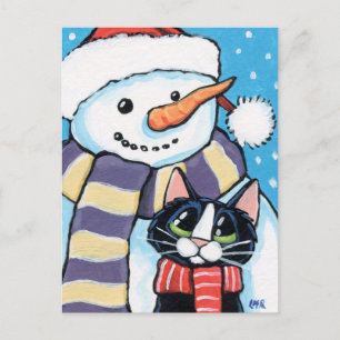 Tuxedo Cat en Carrot Nose Snowman Painting Feestdagenkaart