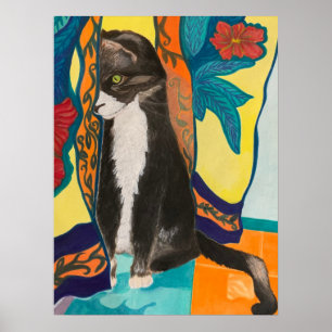 Tuxedo Cat en geborduurde gordijnen Poster
