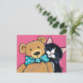 Tuxedo Cat en Teddy Bear met Bow Stropdas Briefkaart (Staand voorkant)