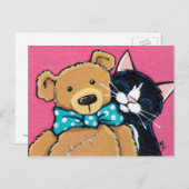 Tuxedo Cat en Teddy Bear met Bow Stropdas Briefkaart (Voorkant / Achterkant)