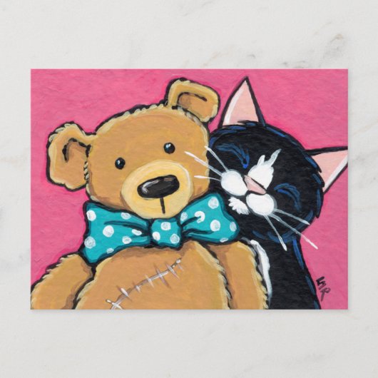 Tuxedo Cat en Teddy Bear met Bow Stropdas Briefkaart (Voorkant)