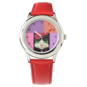 Tuxedo Cat Face Black en White Red Illustration Horloge