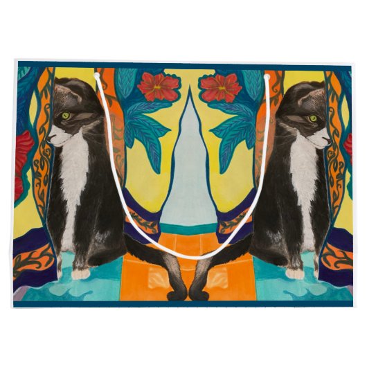 Tuxedo Cat Folk Art Groot Cadeauzakje (Achterkant)