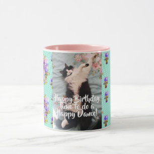Tuxedo Cat Funny Happy Dance Anniversaire Mug Aqua