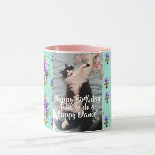 Tuxedo Cat Funny Happy Dance Anniversaire Mug Aqua (Centre)