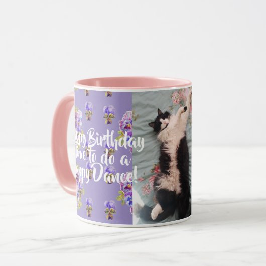 Tuxedo Cat Funny Happy Dance Birthday Mok Paars (Voorkant links)