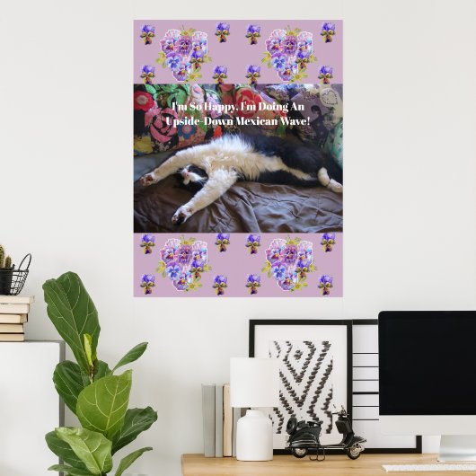 Tuxedo Cat Funny Schattige doet een Mexican Wave Q Poster (Thuiskantoor)