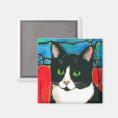Tuxedo Cat Glas in lood Design Art T-shirt Magneet (Voorkant / Achterkant)