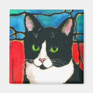 Tuxedo Cat Glas in lood Design Art T-Shirt Magneet
