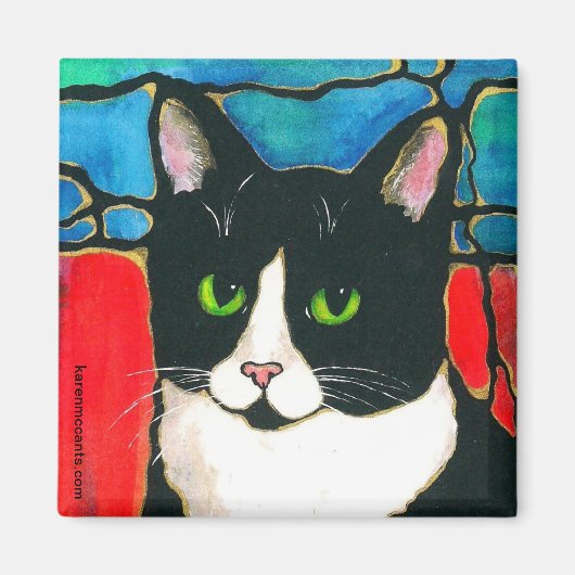 Tuxedo Cat Glas in lood Design Art T-shirt Magneet (Voorkant)