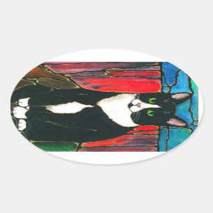 Tuxedo Cat Glas in lood Design Art T-shirt Ovale Sticker
