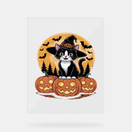 Tuxedo Cat Halloween Witch Schattigee pompoenen Es Acryl Bord (Voorkant)