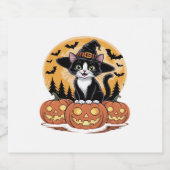 Tuxedo Cat Halloween Witch Schattigee pompoenen Es Sparkling Wijnetiket (Enkel label)