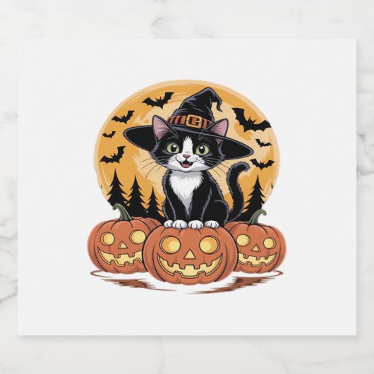 Tuxedo Cat Halloween Witch Schattigee pompoenen Es Sparkling Wijnetiket (Enkel label)