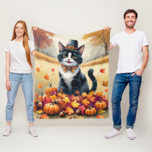 Tuxedo Cat in Autumn verlaat Thanksgiving Fleece Deken