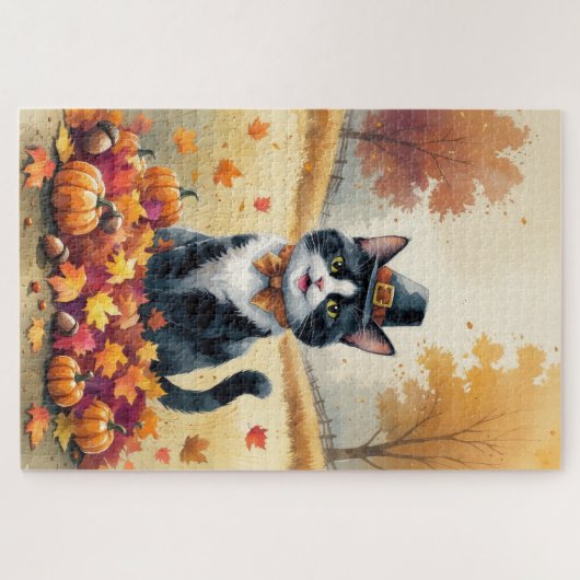 Tuxedo Cat in Autumn verlaat Thanksgiving Legpuzzel (Horizontaal)