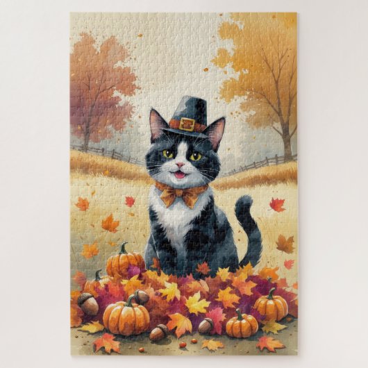 Tuxedo Cat in Autumn verlaat Thanksgiving Legpuzzel (Verticaal)