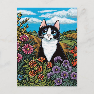 Tuxedo Cat in een bloem veld Briefkaart