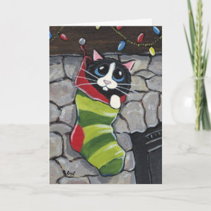 Tuxedo Cat in een Christmas Stocking Art Kaart