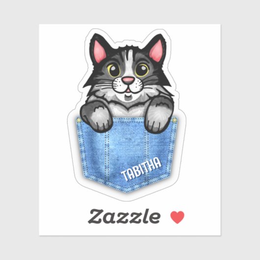 Tuxedo Cat in Faux Denim Pocket met eigen naam Sticker (Vel)