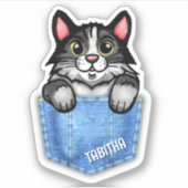 Tuxedo Cat in Faux Denim Pocket met eigen naam Sticker (Voorkant)