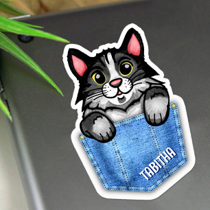 Tuxedo Cat in Faux Denim Pocket met eigen naam Sticker