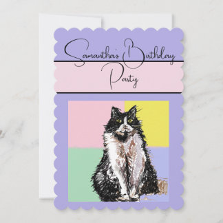 Tuxedo Cat Katten Paarse Verjaardagsfeest Uitnodig Kaart