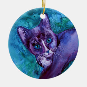 Tuxedo Cat Kitten Ornament - "Paarse Tuxedo"