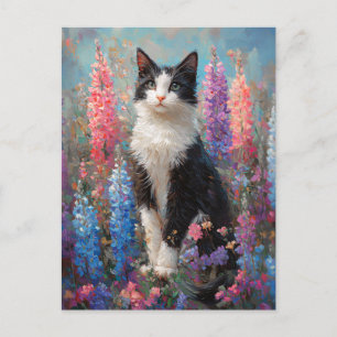 Tuxedo Cat Kleurrijke Lupine Bloemen Schilderen Briefkaart