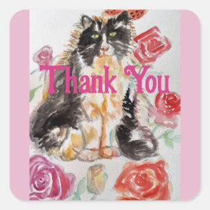 Tuxedo Cat Leuke Rozen Bloemen Katten Dank u Roos Vierkante Sticker