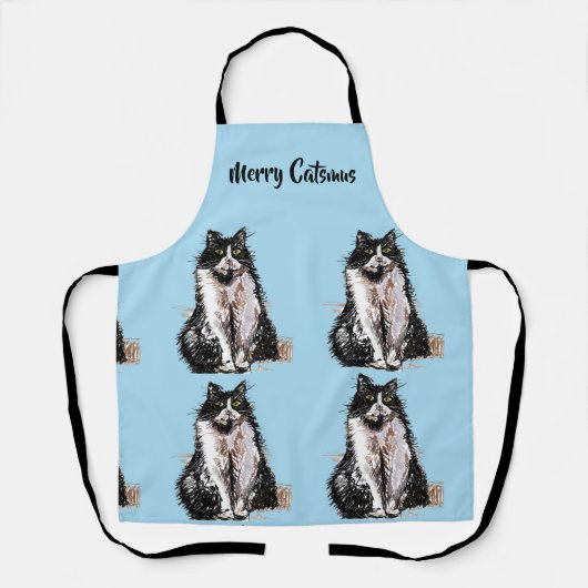 Tuxedo Cat Merry Catsmus Blue Kerstmis Apron Schort (Voorkant)