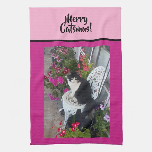 Tuxedo Cat Merry Catsmus Pink Christmas Cats Theedoek (Verticaal)