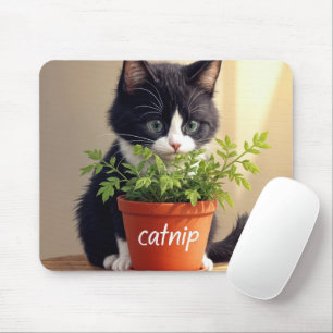 Tuxedo Cat met Catnip Plant Muismat
