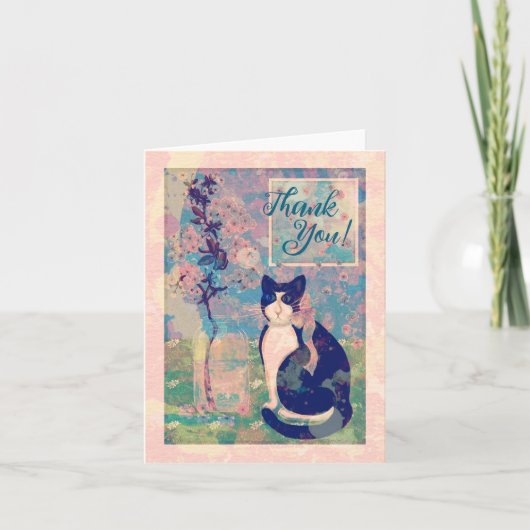 Tuxedo Cat met Cherry Blossom Dank je wel Notitiekaartje (Voorkant)