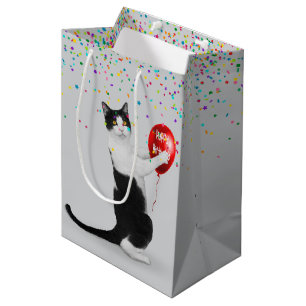 Tuxedo Cat met Confetti en Verjaardagsballon Medium Cadeauzakje
