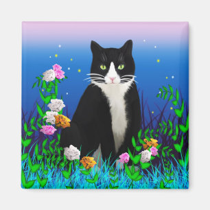 Tuxedo Cat met Flowers Magnet Magneet