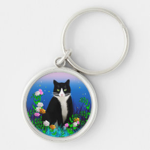 Tuxedo Cat met Flowers Sleutelhanger