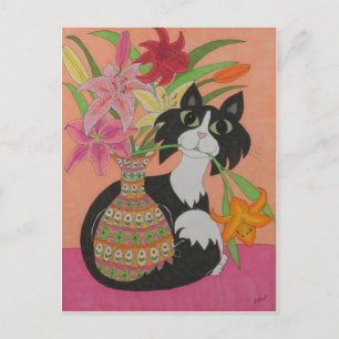 Tuxedo Cat met gelilies Briefkaart
