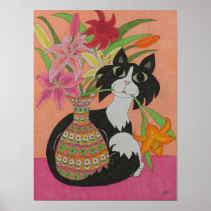 Tuxedo Cat met gelilies Poster