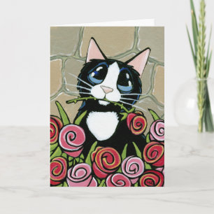 Tuxedo Cat met Wenskaart met rode en roze rozen Kaart