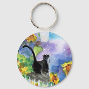 Tuxedo Cat Moon in zonnebloemen Sleutelhanger