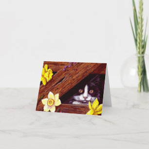 Tuxedo Cat narcissen Art Creationarts Kaart