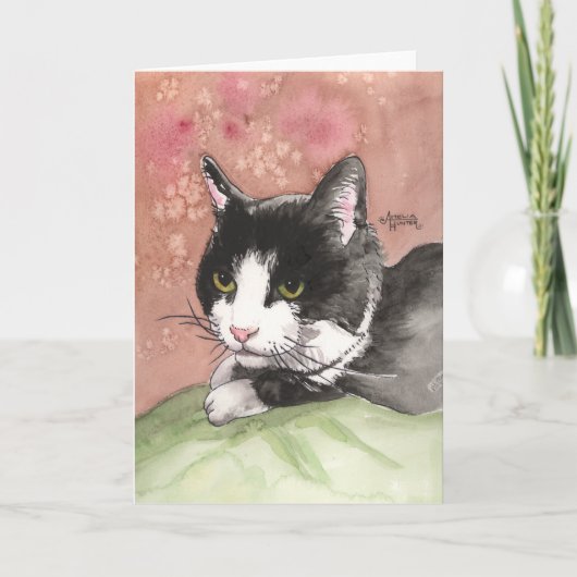 Tuxedo Cat Note Kaart Zwart Wit Kat Roze Groen (Voorkant)
