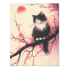 Tuxedo Cat op Cherry Blossom Japanse esthetiek Foto Afdruk