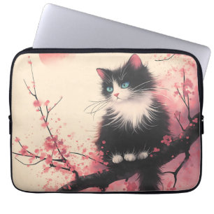 Tuxedo Cat op Cherry Blossom Japanse esthetiek Laptop Sleeve