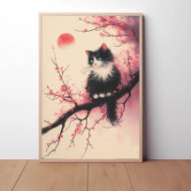 Tuxedo Cat op Cherry Blossom Japanse esthetiek