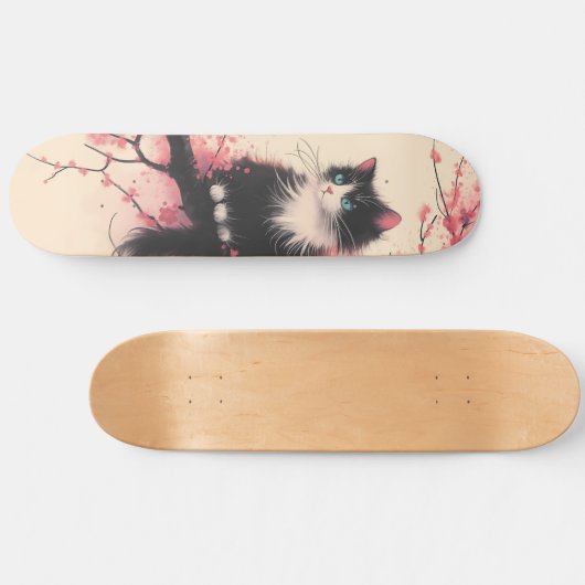 Tuxedo Cat op Cherry Blossom Japanse esthetiek Skateboard (Horizontaal)