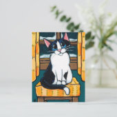 Tuxedo Cat op Snowy Window Paining Briefkaart (Staand voorkant)