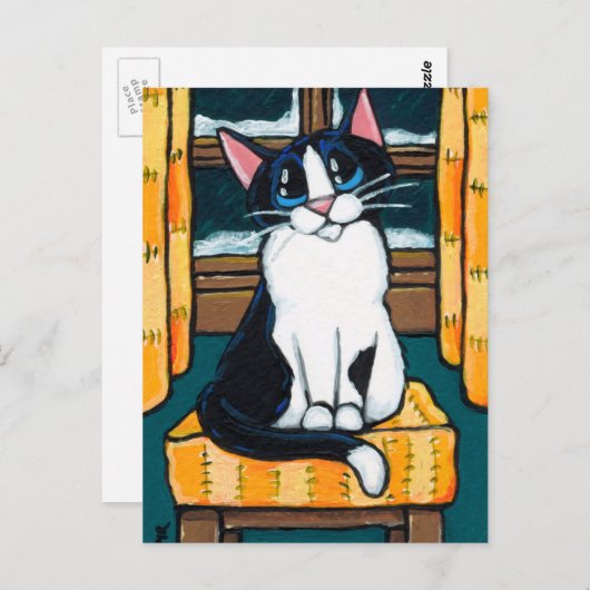 Tuxedo Cat op Snowy Window Paining Briefkaart (Voorkant / Achterkant)