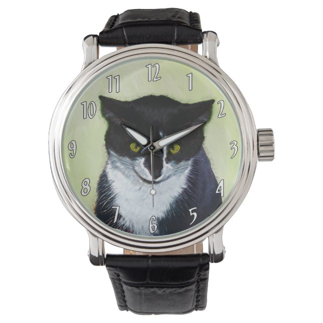 Tuxedo Cat Paining - Kute Original Cat Art Horloge (Voorkant)